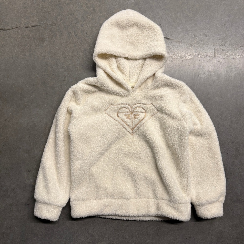 Roxy Girls Cream Sherpa Fleece Hoodie Embroidered Heart Logo Size L 12/14